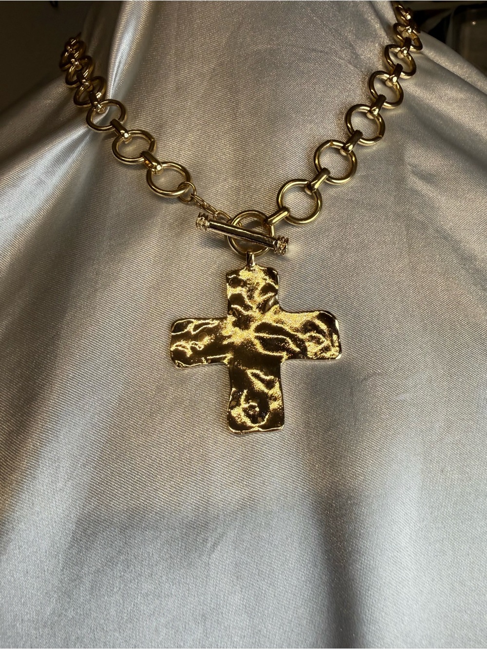 Trendy Gold Hammered Cross Pendant Necklace Toggle Closure Inspirational Bold